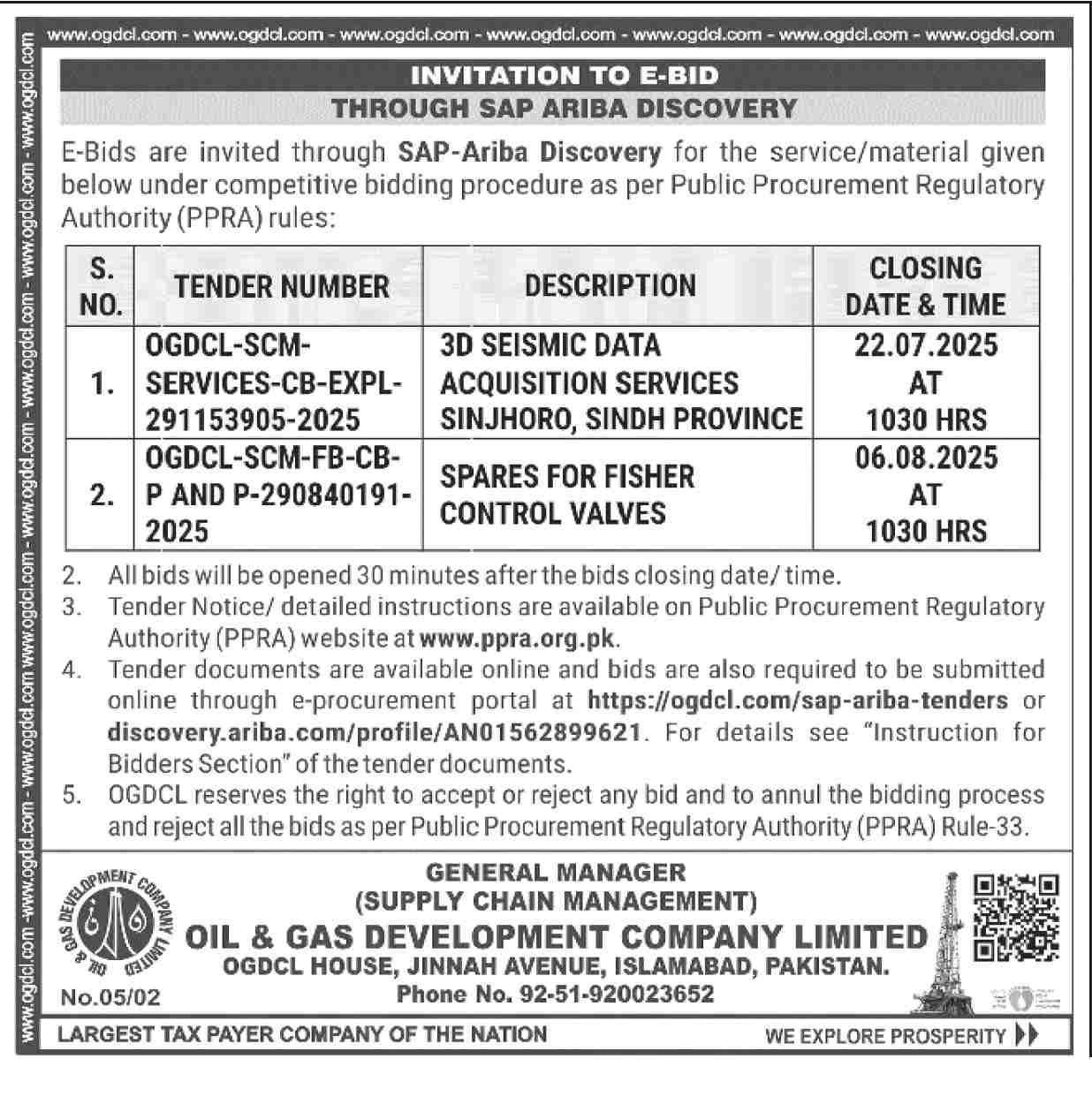 Oil & Gas Development Company Limited Islamabad Tender Notice